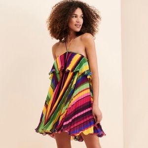 AMUR Sevyn rainbow striped halter pleated mini dress